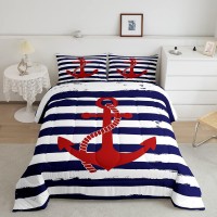 Castle Fairy Kids Nautical Anchor Comforter Set Full Size Navy Blue Stripes Bedding Sets 3Pcs Ocean Adventure Theme Quilted Duve