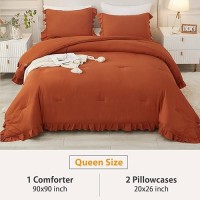 Andency Terracotta Ruffle Comforter Full(79X90Inch)  3 Pieces(1 Ruffled Comforter And 2 Pillowcases) Solid Farmhouse Shabby Chic Comforter  Vintage Rustic Soft Microfiber Bedding Set