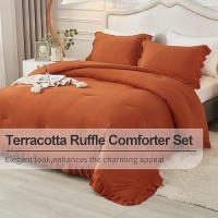 Andency Terracotta Ruffle Comforter Full(79X90Inch)  3 Pieces(1 Ruffled Comforter And 2 Pillowcases) Solid Farmhouse Shabby Chic Comforter  Vintage Rustic Soft Microfiber Bedding Set