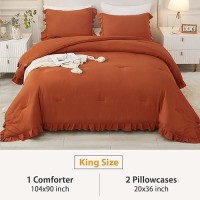 Andency Terracotta Ruffle Comforter King(104X90Inch)  3 Pieces(1 Ruffled Comforter And 2 Pillowcases) Solid Farmhouse Shabby Chic Comforter  Vintage Rustic Soft Microfiber Bedding Set