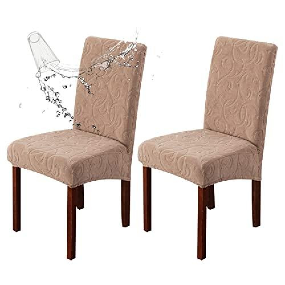 Genina Waterproof Dining Room Chair Covers 2 Pack Stretch Parsons Chair Slipcovers For Dining Room Kitchen Chair Protector Cover, Removable, Washable (2, Flower Pattern-Khaki)