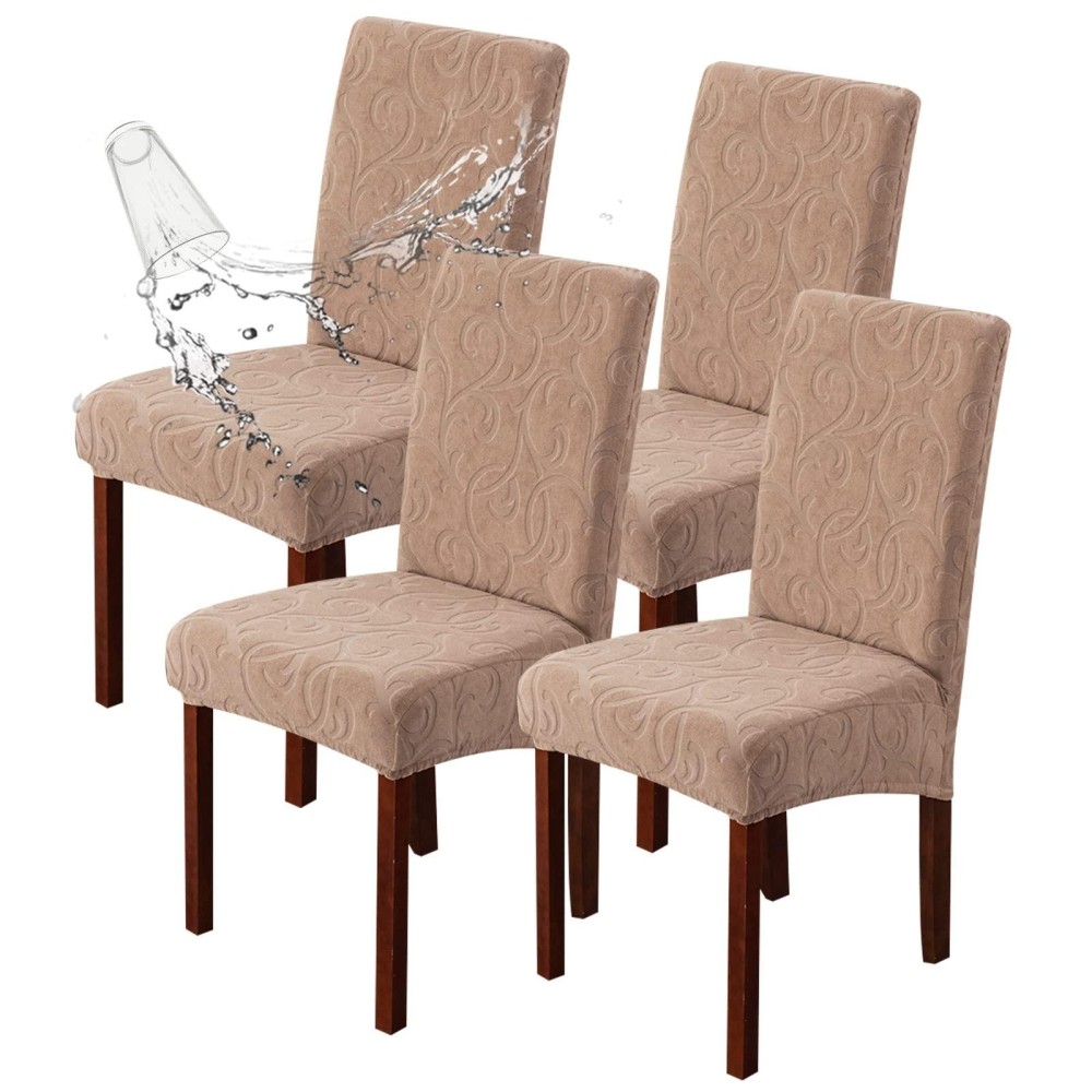 Genina Waterproof Dining Room Chair Covers 4 Pack Stretch Parsons Chair Slipcovers For Dining Room Kitchen Chair Protector Cover, Removable, Washable (4, Flower Pattern-Khaki)