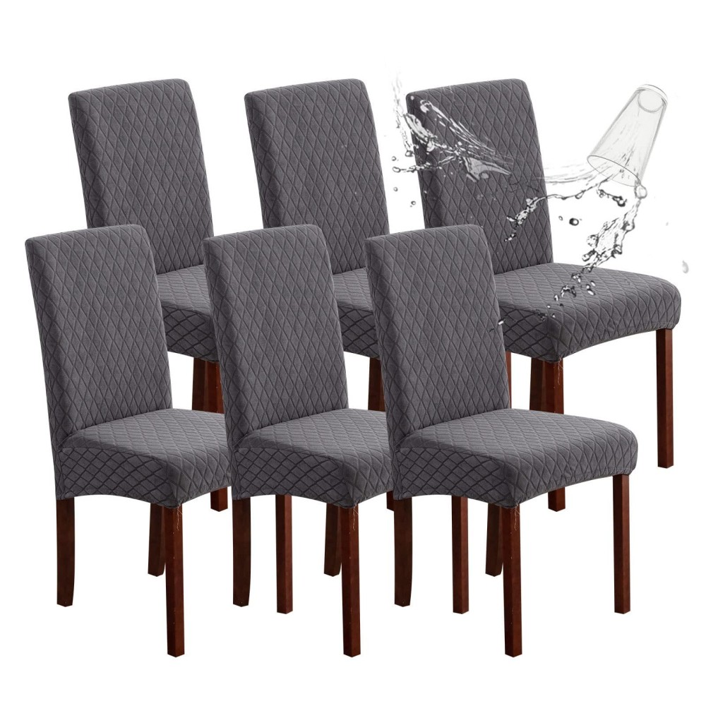 Genina Waterproof Chair Covers For Dining Room Set Of 6, Stretch Jacquard Dining Chair Slipcovers Removable Washable Chair Protectors Covers For Kitchen, Parsons (Argyle-Dark Gray, 6 Pcs)