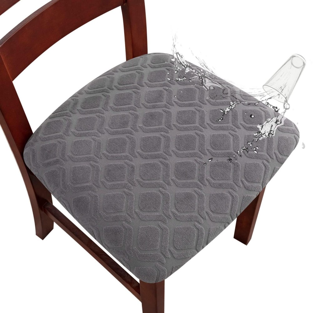 Genina Waterproof Seat Covers For Dining Room Chairs, Stretch Chair Covers Removable Washable Dinning Room Kitchen Chair Seat Cushion Slipcovers (Jacquard-Light Gray, 2 Pcs)