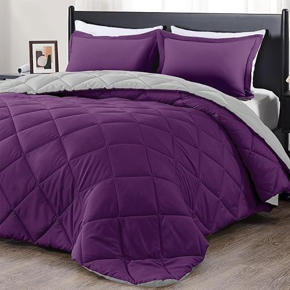 Downluxe King Size Comforter Set Purple And Grey King Comforter Soft Bedding Sets For All Seasons 3 Pieces 1 Comforter 10