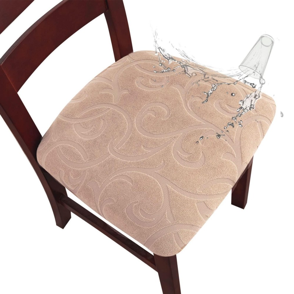 Genina Waterproof Chair Seat Covers Dining Room Chair Covers Stretch Seat Cover For Dinning Room Chair Protector Slipcovers For Kitchen, Hotel (4, Flower Pattern-Khaki)