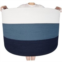 Mintwood Design Xxxxlarge 22 X 16 Inches Decorative Cotton Rope Basket, Blanket Basket Living Room, Laundry Basket, Toy Storage Baskets Bin, Round Woven Basket For Pillows, Towels, 3-Tone Blue