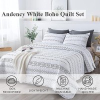 Andency White Quilt Set Oversized King (118X120 Inch)  3 Pieces(1 Striped Triangle Printed Quilt And 2 Pillowcases)  Bohemian Summer Lightweight Reversible Microfiber Bedspread Coverlet Sets