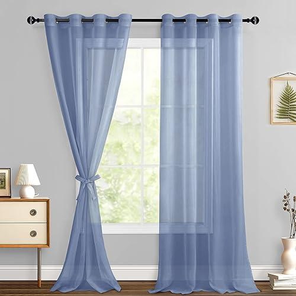 Hiasan Dusty Blue Sheer Curtains 96 Inches Long With Tiebacks Lightweight Light Filtering Voile Drapes Extra Long Grommet Windo