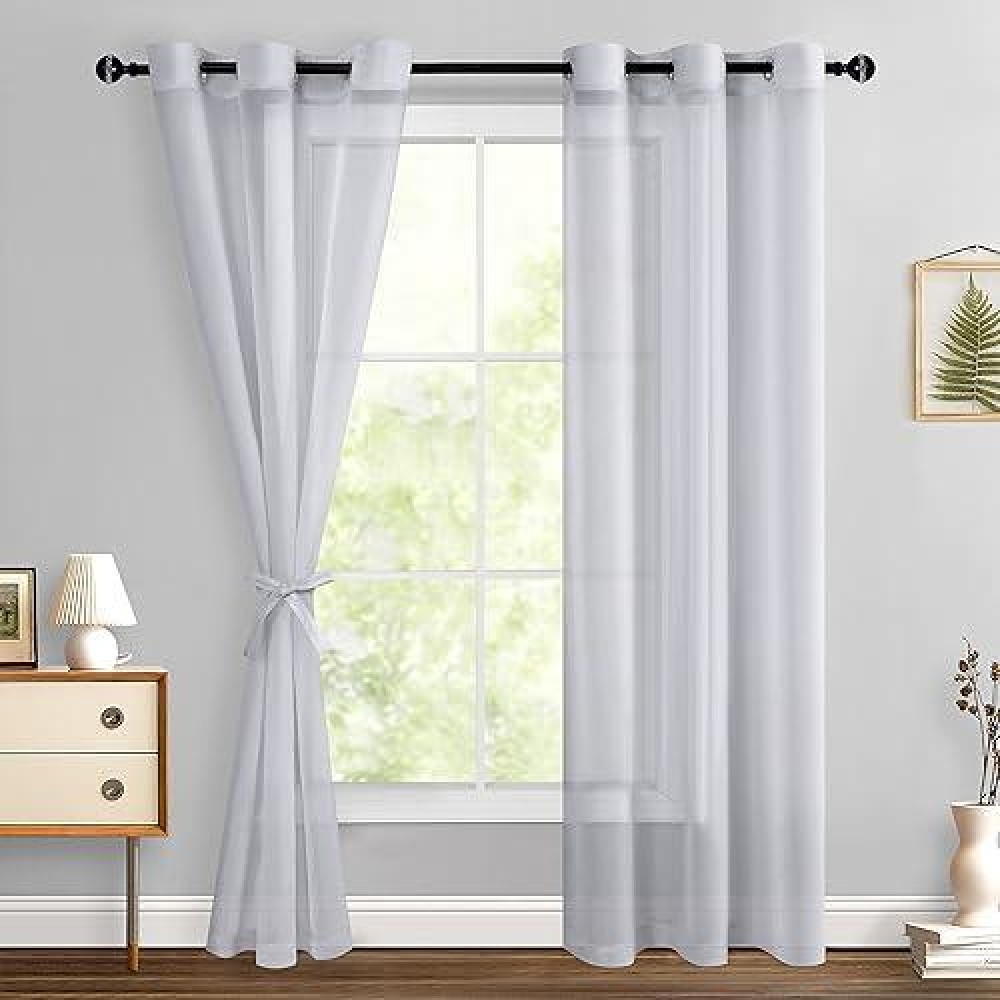 Hiasan Sheer Curtains For Living Room With Tiebacks Light Filtering Voile Textured Drapes Lightweight Grommet Window Curtains F