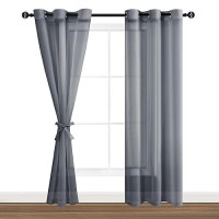 Hiasan Dark Grey Sheer Curtains For Bedroom With Tiebacks Light Filtering Voile Textured Drapes Lightweight Grommet Window Curt