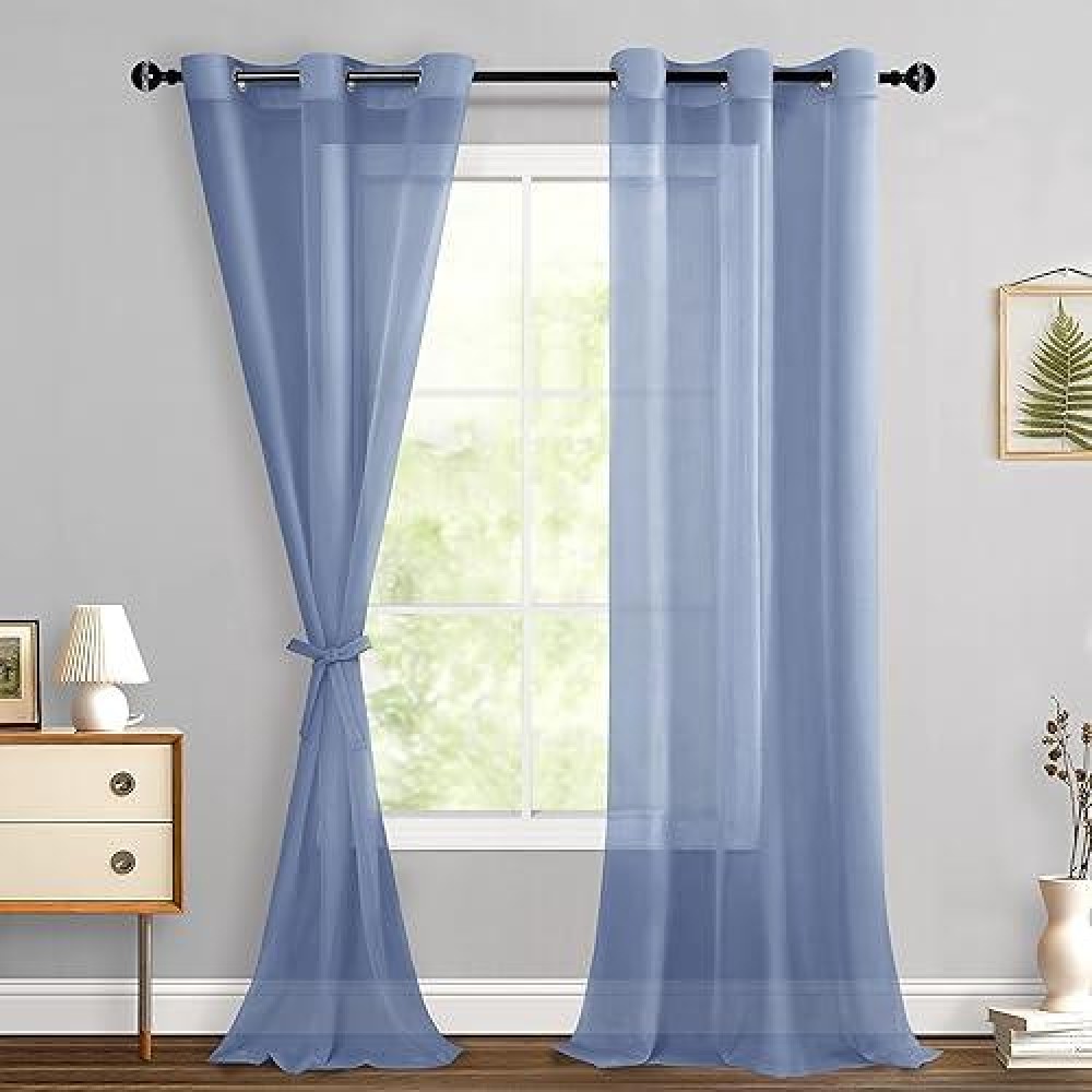 Hiasan Dusty Blue Sheer Curtains With Tiebacks Light Filtering Voile Textured Drapes Extra Long Grommet Window Curtains For Bed