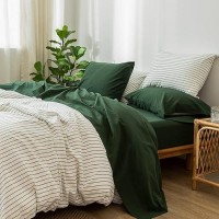 Moomee Bedding Sheet Set 100 Washed Cotton Linen Like Textured Breathable Durable Soft Comfy Forest Green King