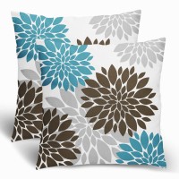 Brown Blue Pillow Covers 18X18 Inch 2 Pcs, Summer Geometric Elegant Dahlia Decorative Throw Pillows, Dark Teal Flower Outdoor Decor Pillowcase Square Cushion Cover Gift For Couch