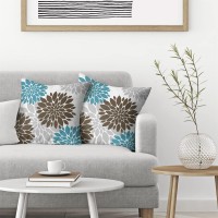 Brown Blue Pillow Covers 18X18 Inch 2 Pcs, Summer Geometric Elegant Dahlia Decorative Throw Pillows, Dark Teal Flower Outdoor Decor Pillowcase Square Cushion Cover Gift For Couch