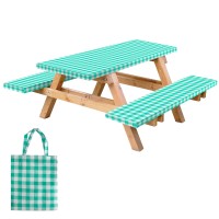 Rnoony Vinyl Fitted Picnic Table Cover With Bench Covers And Bag, Outdoor Waterproof Picnic Tablecloth With Elastic Edges, 96X30 Inches 3 Pcs Set (Green)