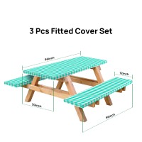 Rnoony Vinyl Fitted Picnic Table Cover With Bench Covers And Bag, Outdoor Waterproof Picnic Tablecloth With Elastic Edges, 96X30 Inches 3 Pcs Set (Green)