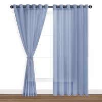 Hiasan Dusty Blue Sheer Curtains For Bedroom With Tiebacks Grommet Light Filtering Extra Wide Voile Texture Window Curtains For