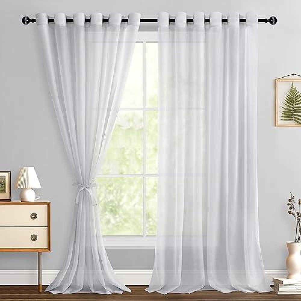 Hiasan Grey Sheer Curtains For Bedroom With Tiebacks Lightweight Breathable Voile Drapes Light Filtering Grommet Window Curtain