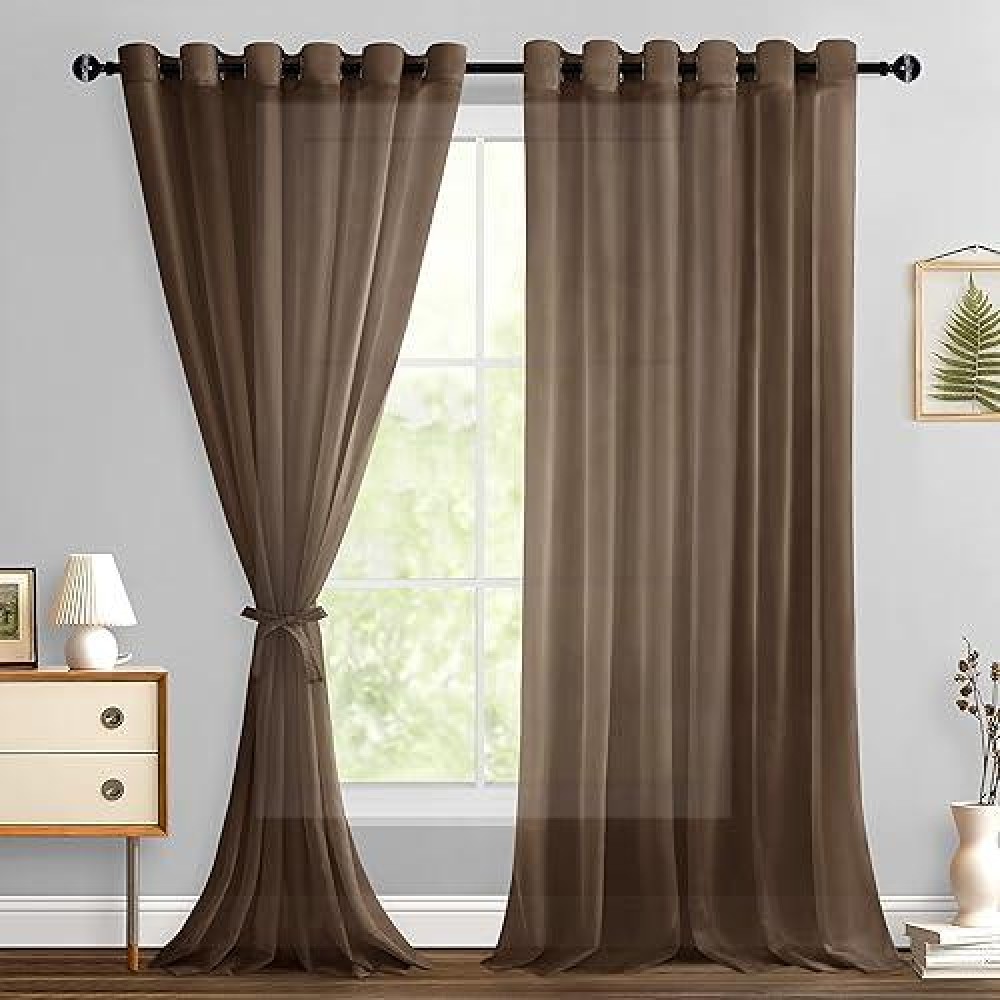 Hiasan Brown Sheer Curtains For Bedroom With Tiebacks Lightweight Breathable Voile Drapes Light Filtering Grommet Window Curtai