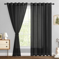 Hiasan Black Sheer Curtains For Bedroom With Tiebacks Grommet Light Filtering Extra Wide Voile Texture Window Curtains For Livi