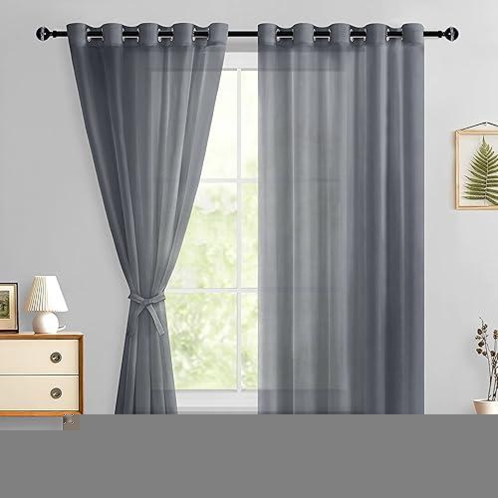 Hiasan Dark Grey Sheer Curtains For Bedroom With Tiebacks Light Filtering Lightweight Extra Wide Voile Textured Window Curtains