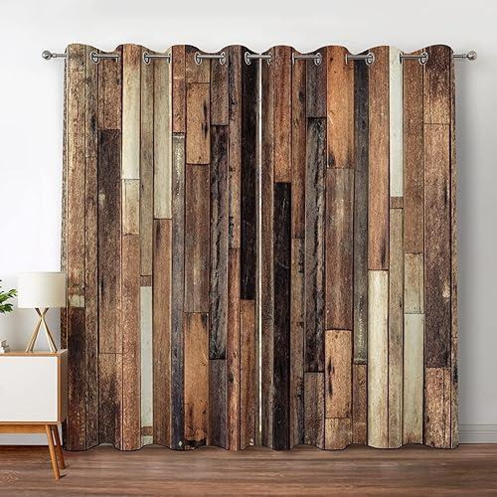 Jekeno Rustic Wooden Blackout Curtains Brown Wood Hardwood Floor Plank Board Door Of Farmhouse Village Rural Lodge Retro Decor F