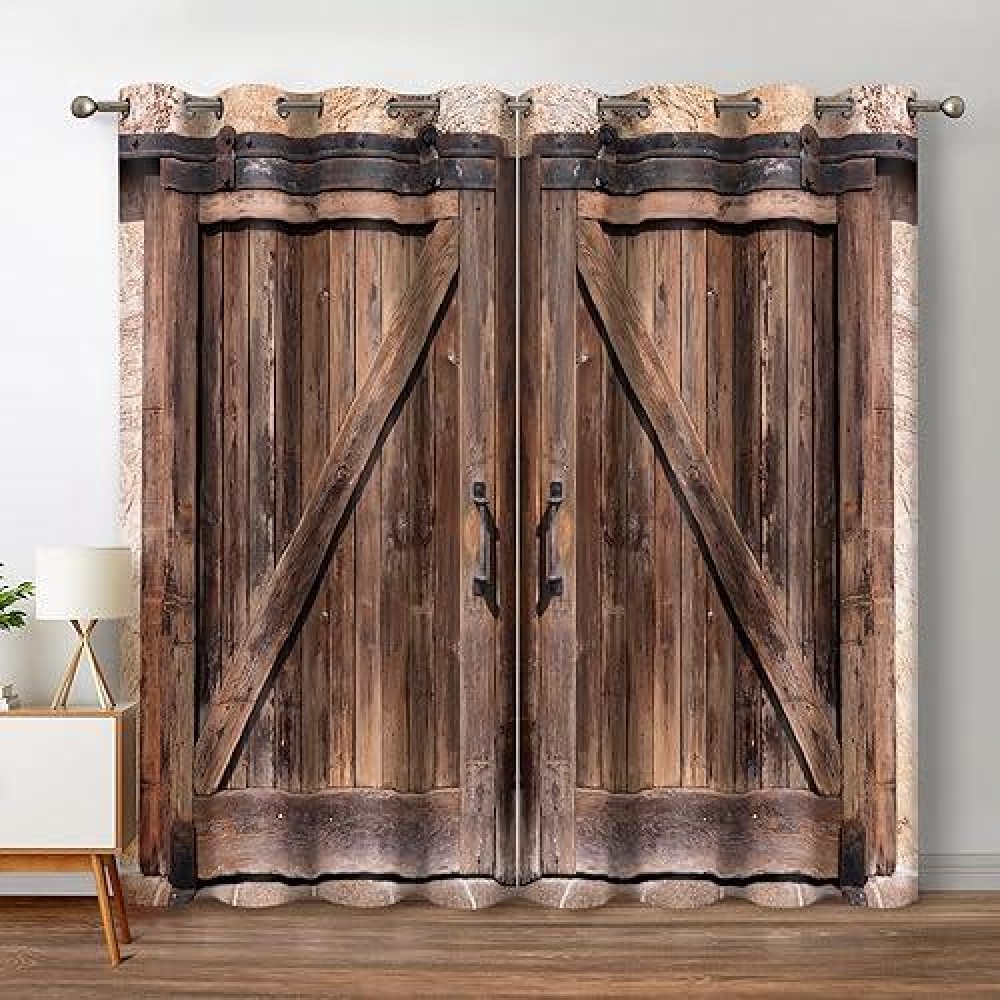 Jekeno Rustic Wood Blackout Curtains Vintage Wooden Barn Door Farmhouse Home Bedroom Living Room Decor Brown Grommet Window Drap