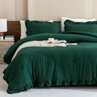 Andency Dark Emerald Green Comforter Set King 3 Pieces Lightweight Ruffle Bedding Comforter Sets Farmhouse Ruffle Bed Comforte