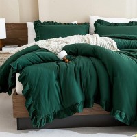 Andency Dark Emerald Green Comforter Set King 3 Pieces Lightweight Ruffle Bedding Comforter Sets Farmhouse Ruffle Bed Comforte