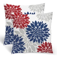 Red Navy Blue Pillow Covers 18X18 Inch 2 Pcs, Christmas Colored Dahlia Decorative Throw Pillows, Flower Outdoor Decor Pillowcase Square Cushion Cover Gift For Porch Patio Couch