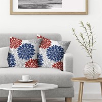 Red Navy Blue Pillow Covers 18X18 Inch 2 Pcs, Christmas Colored Dahlia Decorative Throw Pillows, Flower Outdoor Decor Pillowcase Square Cushion Cover Gift For Porch Patio Couch