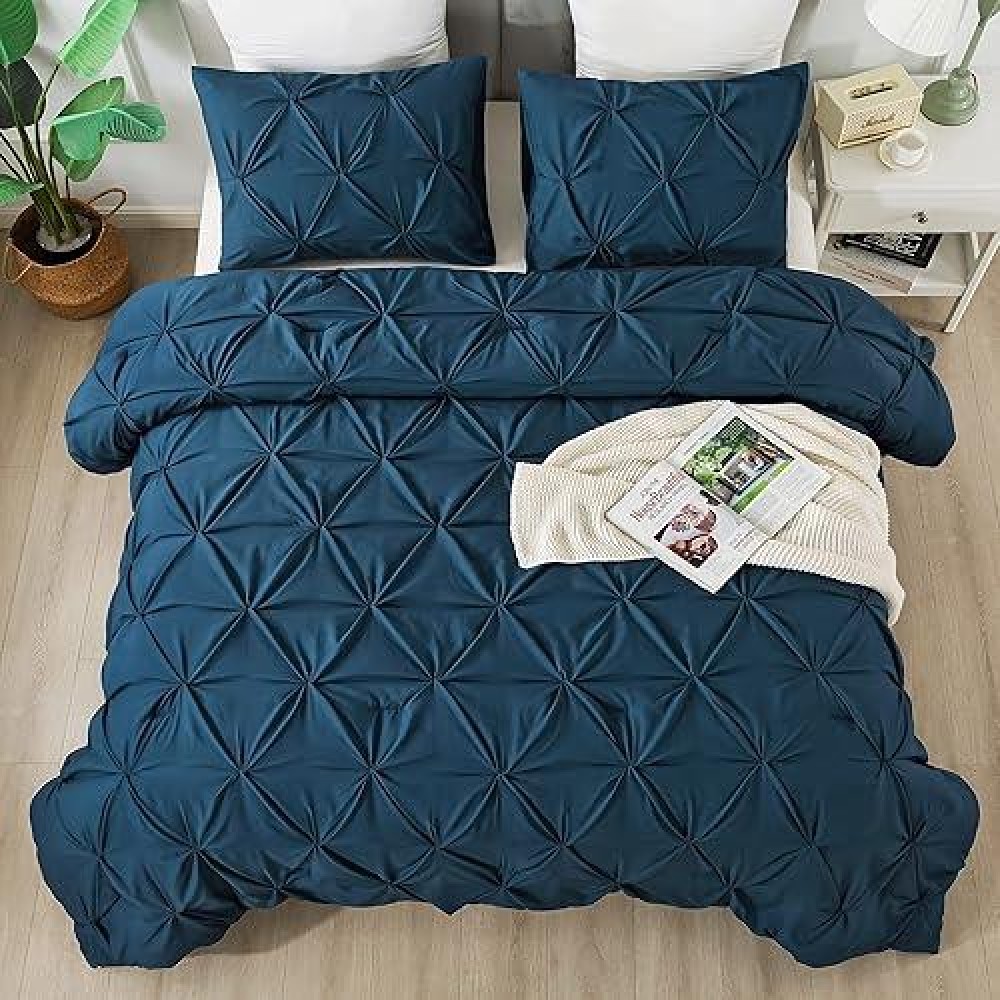 Andency Navy Blue Pinch Pleated Comforter Queen90X90Inch 3 Pieces1 Pintuck Comforter And 2 Pillowcases Pintuck Microfiber D