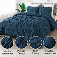 Andency Navy Blue Pinch Pleated Comforter Queen90X90Inch 3 Pieces1 Pintuck Comforter And 2 Pillowcases Pintuck Microfiber D