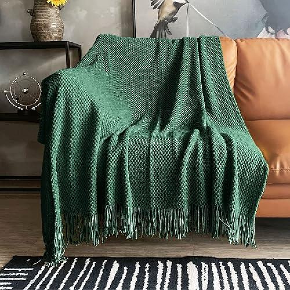 Lomao Knitted Throw Blanket With Tassels Bubble Textured Lightweight Throws For Couch Cover Home Decor Green 60X80