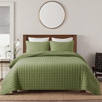 Green Queen Size Quilt Bedding Sets With Pillow Shams Dark Sage Olive Lightweight Bedspread Coverlet Quilted Blanket Thin Comf