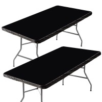 Black Vinyl Fitted Tablecloth For 6 Ft Rectangle Table, Waterproof Elastic Table Cover With Flannel Backed Lining, Fits 30