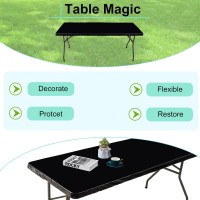 Black Vinyl Fitted Tablecloth For 6 Ft Rectangle Table, Waterproof Elastic Table Cover With Flannel Backed Lining, Fits 30