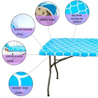 Vinyl Fitted Tablecloth For 6 Ft Rectangle Table, Blue Moroccan Design, Waterproof Elastic Table Cover With Flannel Backing, Fits 30