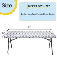 Vinyl Fitted Table Cover For 6 Ft Rectangle Table, White Moroccan Design, Waterproof Elastic Edge Tablecloth With Flannel Backed Lining, Fits 30