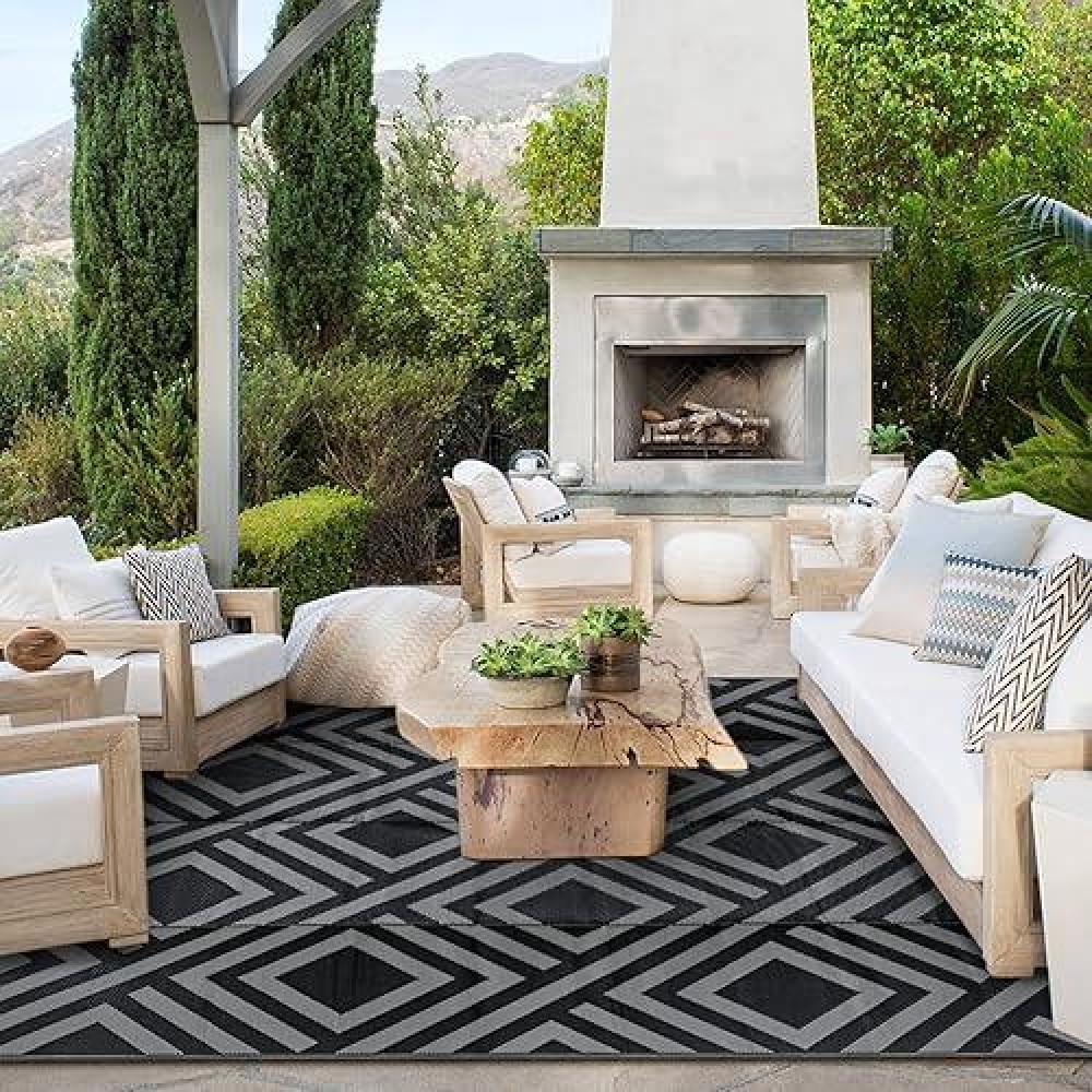 Ashler Grey And Black Outdoor Patio Rug  Waterproof Rug For Outside  5X8 Plastic Straw Rug  Clearance Reversible Camping Mats  Outdoor Area Rugs With Carrying Bag  For Rv  Picnic  Backyard  Indoor