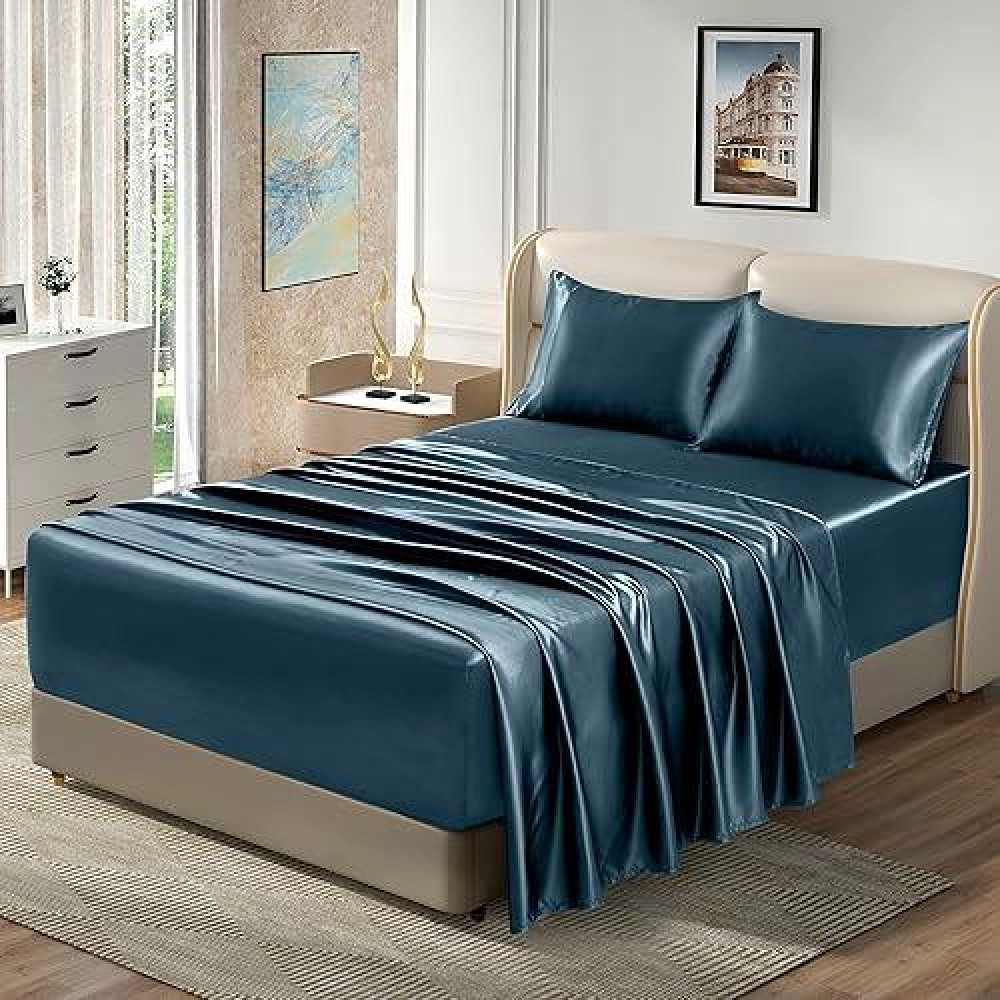 Homiest 4Pcs Extra Deep Pocket Satin Sheets Full Size Bed Set 1824 Inch Deep Pocket Bed Sheets Deep Sea Blue Satin Sheet Set