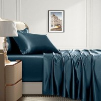 Homiest 4Pcs Extra Deep Pocket Satin Sheets Full Size Bed Set 1824 Inch Deep Pocket Bed Sheets Deep Sea Blue Satin Sheet Set