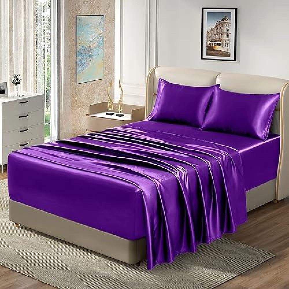 Homiest 4Pcs Extra Deep Pocket Satin Sheets King Size Bed Set 1824 Inch Deep Pocket Bed Sheets Purple Satin Sheet Set Silky S