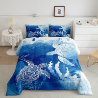 Homewish Sea Turtle Comforter Set Queen Octopus Seaweed Silhouette Bedding For Room Decor Navy Blue Tie Dye Quilt Undersea Ani