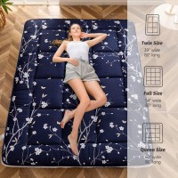 Maxyoyo Navy Floral Printed Futon Mattress, Padded Japanese Floor Mattress Quilted Bed Mattress Topper, Extra Thick Folding Sleeping Pad Breathable Floor Lounger Guest Bed For Camping Couch, Queen