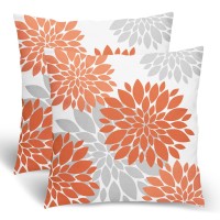 Orange Pillow Covers 18X18 Inch 2 Pcs,Fall Colored Geometric Dahlia Decorative Throw Pillows,Summer Rust Gray Flower Outdoor Decor Pillowcase Linen Square Cushion Cover Gift For Porch Patio Couch