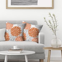 Orange Pillow Covers 18X18 Inch 2 Pcs,Fall Colored Geometric Dahlia Decorative Throw Pillows,Summer Rust Gray Flower Outdoor Decor Pillowcase Linen Square Cushion Cover Gift For Porch Patio Couch