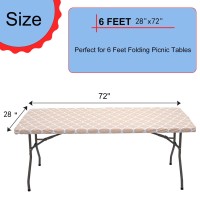 Vinyl Fitted Table Cover For 6 Ft Rectangle Table, Khaki Moroccan Design, Waterproof Elastic Edge Tablecloth With Flannel Backed Lining, Fits 28