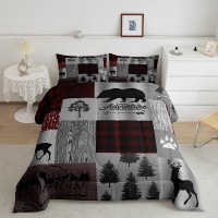 Deer Bear Comforter Set Queen Vintage Rustic Farmhouse Quilt Set Brown Red Geometric Plaid Patchwork Bedding Set For Kids Teens